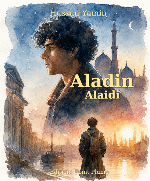 Couverture du roman Aladin Alaidi de Hassan Yamin – illustration aquarelle d'un jeune homme aux cheveux bouclés au premier plan, silhouette solitaire devant une cité orientale baignée d'un coucher de soleil doré, Éditions Point Plume.