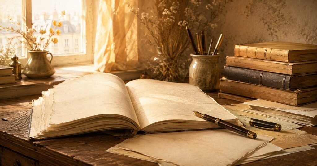 Écrire son premier roman – manuscrit ouvert et plume sur un bureau